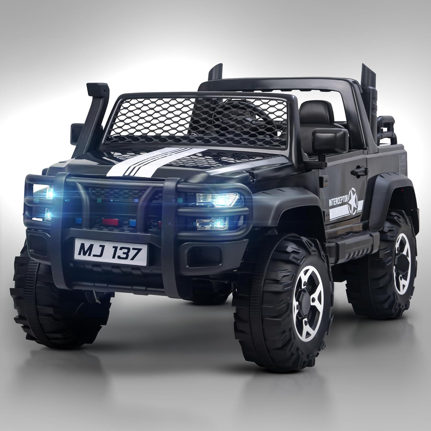 Big baby battery car, a robust black ride-on jeep with functioning headlights, overhead lights, and a realistic design, offering an immersive driving experience for children with www.usmile.toys